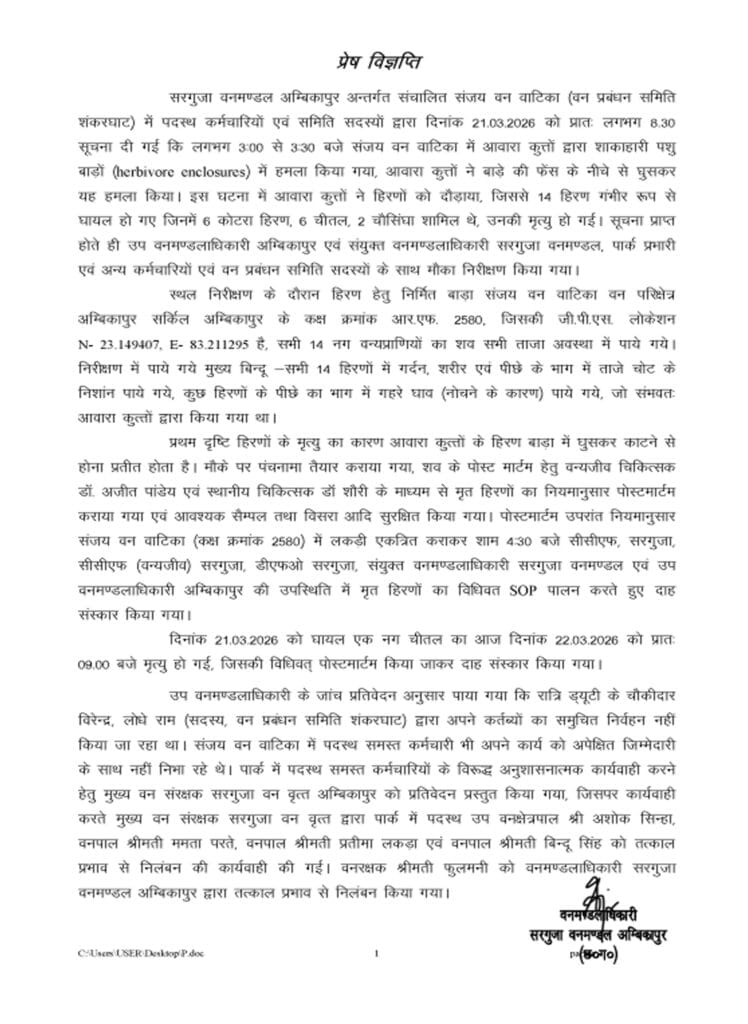अम्बिकापुर संजय वन वाटिका में 15 हिरणों की मौत मामले पर जारी विभागीय प्रेस विज्ञप्ति