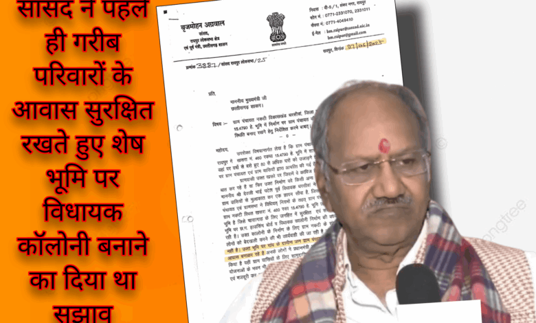 ग्राम नकटी के गरीब परिवारों के आवास सुरक्षित रखने संबंधी सांसद बृजमोहन अग्रवाल के पत्र और उनकी प्रतिक्रिया का संयोजित दृश्य।