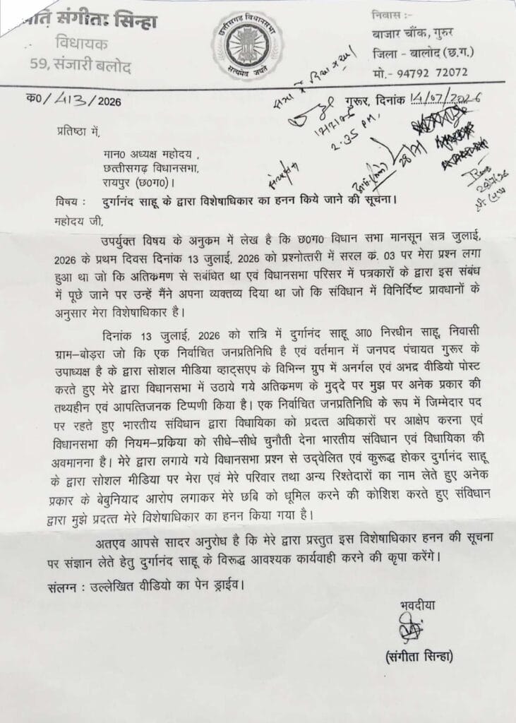 संगीता सिन्हा और दुर्गानंद साहू से जुड़े विशेषाधिकार हनन मामले का दस्तावेज